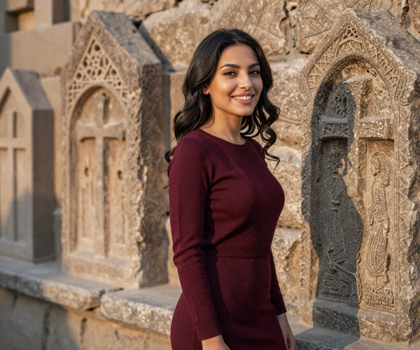 Armenian woman smiling near ancient khachkar cross-stone representing Armenian women dating culture and heritage