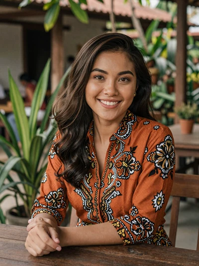 Dewi, 26, Indonesian woman in batik blouse at Yogyakarta cafe - first date Indonesian woman profile