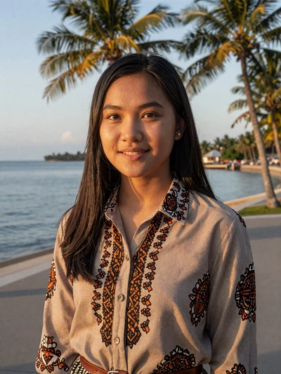 Rina, 24, Indonesian woman in batik blouse at a waterfront sunset - asian dating guide