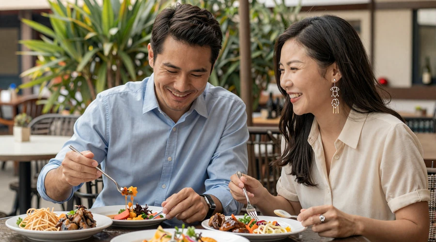 Western man and Asian woman laughing together over an Asian meal at an outdoor cafe - cross-cultural dating