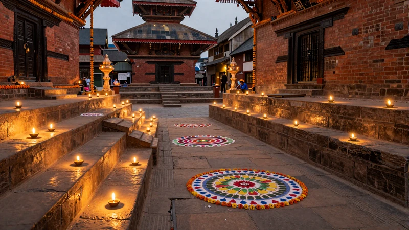 Nepali Tihar festival scene with oil lamps and marigold garlands illustrating rich cultural traditions in Nepal dating