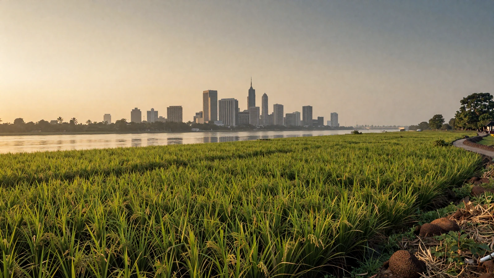 Bangladeshi landscape with lush green riverside and Dhaka skyline representing Bangladeshi women dating culture