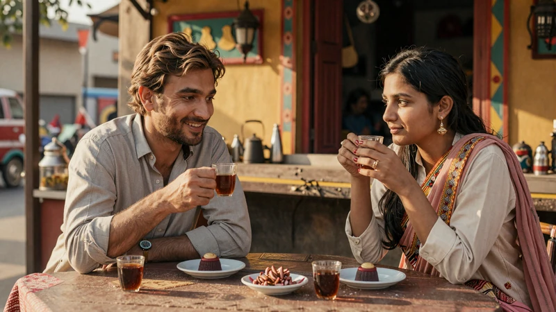 Western man and Bangladeshi woman enjoying traditional Bengali tea together representing cross-cultural dating connection
