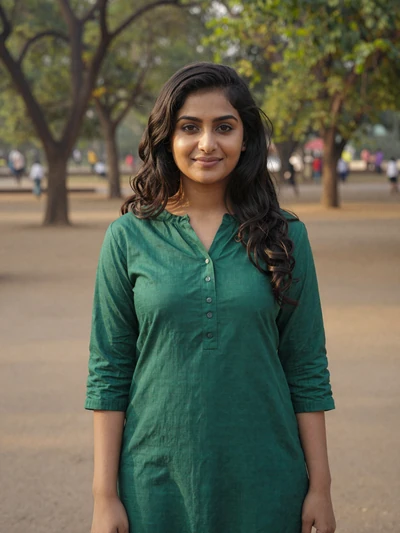 Isha, 29, Indian woman in emerald kurta at Pune park - Indian dating customs profile