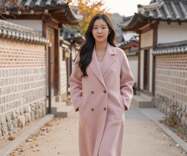 Korean woman walking through traditional hanok village in Seoul illustrating Korean dating culture and modern elegance