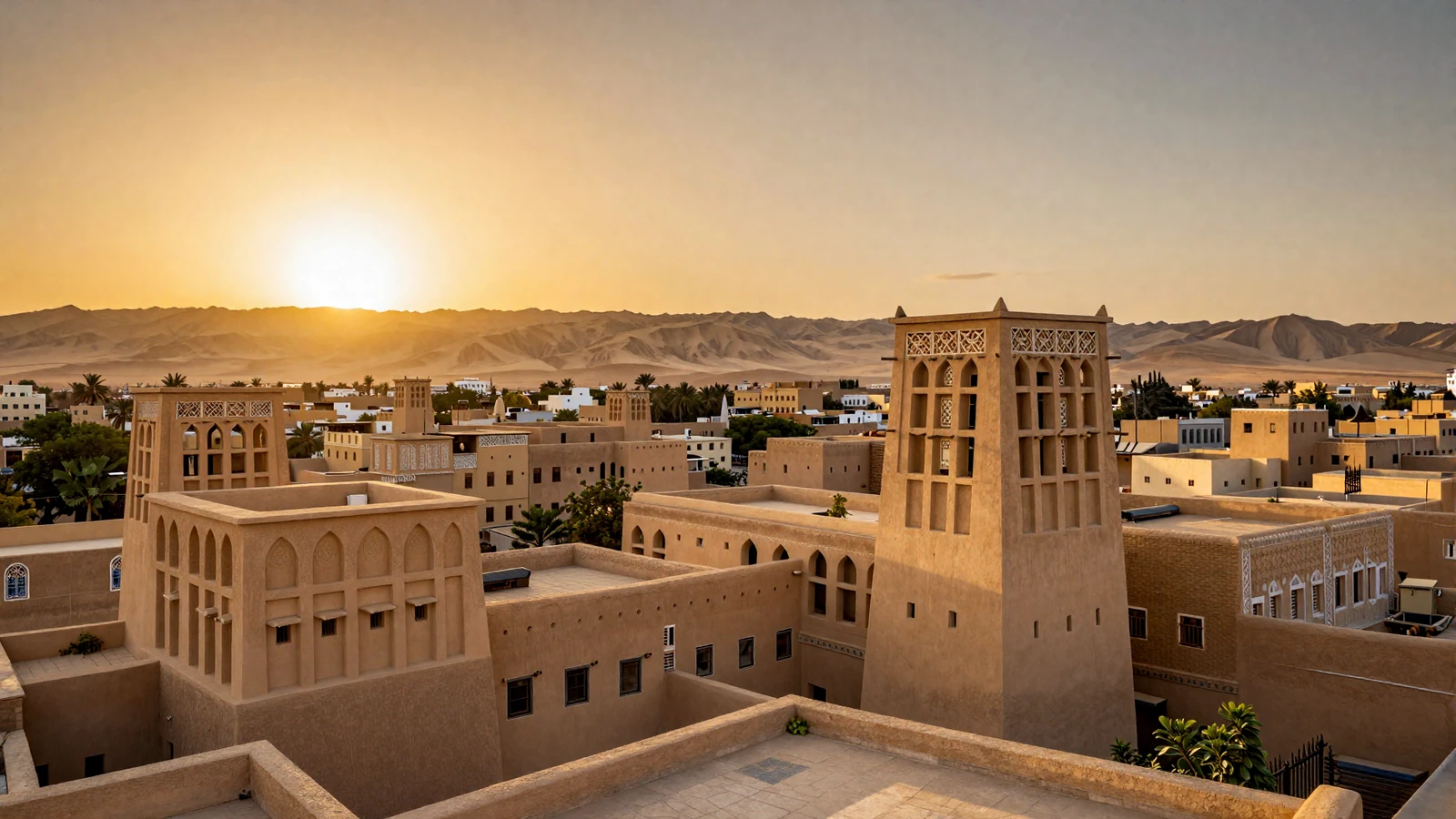 Ancient Yemeni tower houses in Sana'a at golden sunset representing Yemeni women dating culture and heritage