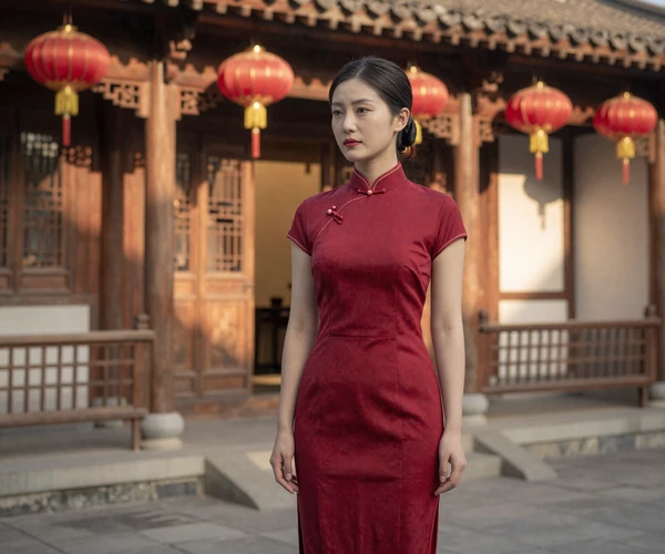 Chinese woman in traditional courtyard representing the blend of culture and modern dating values