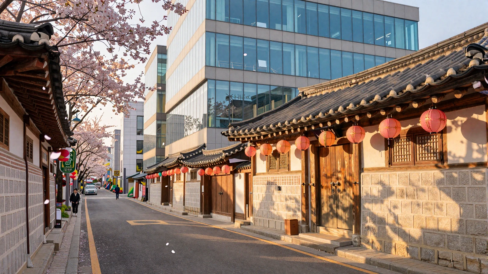 Seoul streetscape blending traditional hanok and modern architecture representing Korean women dating culture