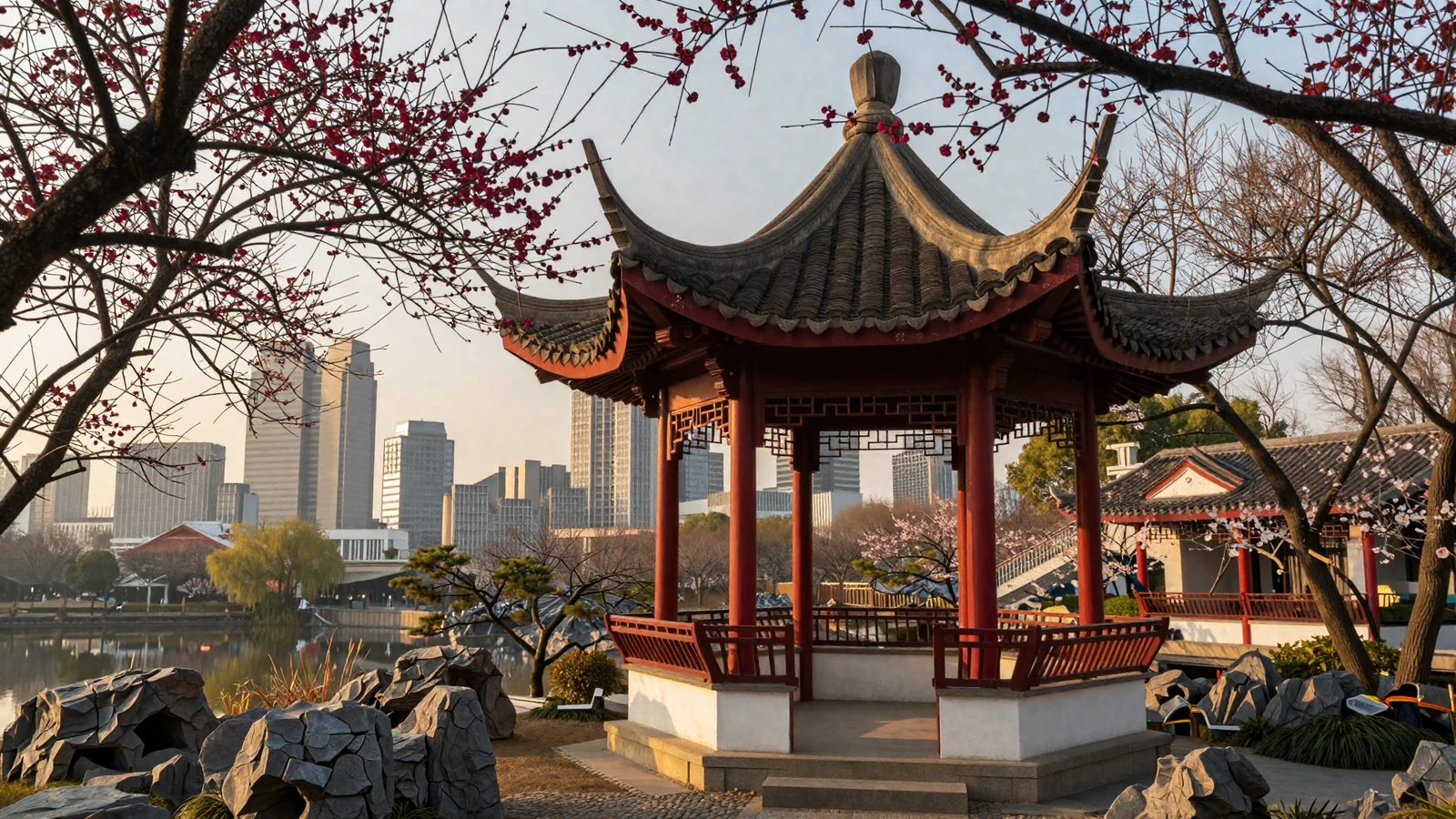Modern Chinese cityscape blending traditional garden with skyline representing Chinese women dating culture