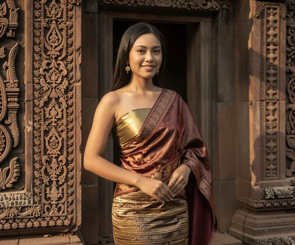 Cambodian woman in elegant traditional Khmer silk clothing representing the grace and devotion central to Cambodian women dating