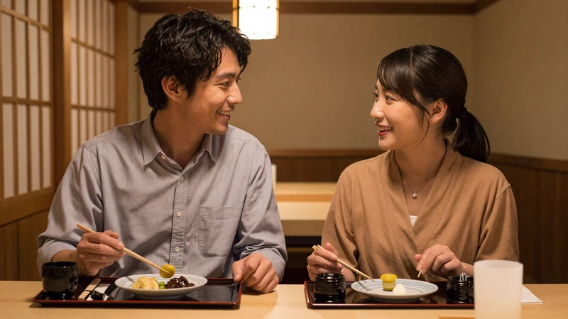 Western man and Japanese woman sharing a romantic dinner at a traditional Japanese restaurant