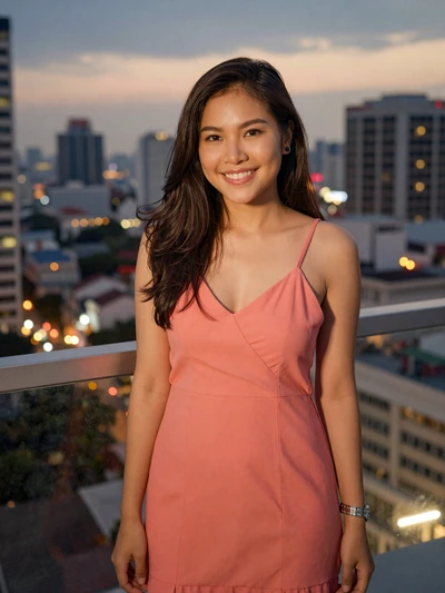 Kannika, 25, Thai woman in coral sundress on Bangkok rooftop - Thai dating etiquette profile