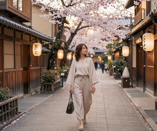 Japanese woman strolling through traditional Kyoto street representing the elegance of Japanese dating culture
