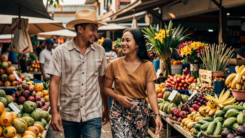 Western man and Indonesian woman enjoying a tropical market together representing cross-cultural Indonesian dating
