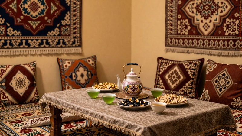 Traditional Turkmen tea ceremony setting with ornate teapot and green tea representing the hospitality culture important in Turkmen women dating