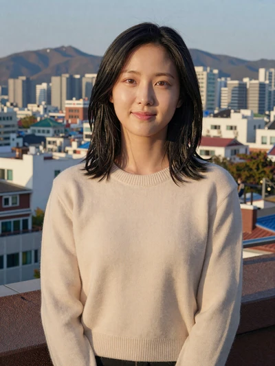Soyeon, 28, Korean woman in cream sweater on Seoul rooftop - Korean dating etiquette profile