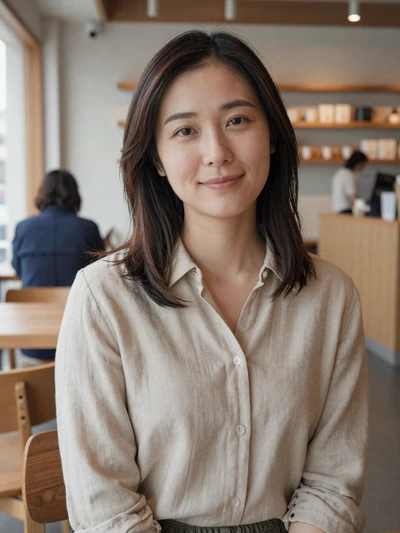 Yuki, 33, Japanese woman in beige linen shirt at Yokohama cafe - Japanese dating customs profile