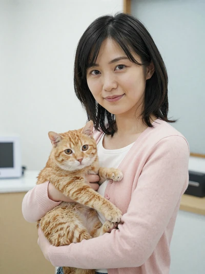 Mika, 31, Japanese veterinarian in pink cardigan holding a cat in Nagoya - Japanese girlfriend profile