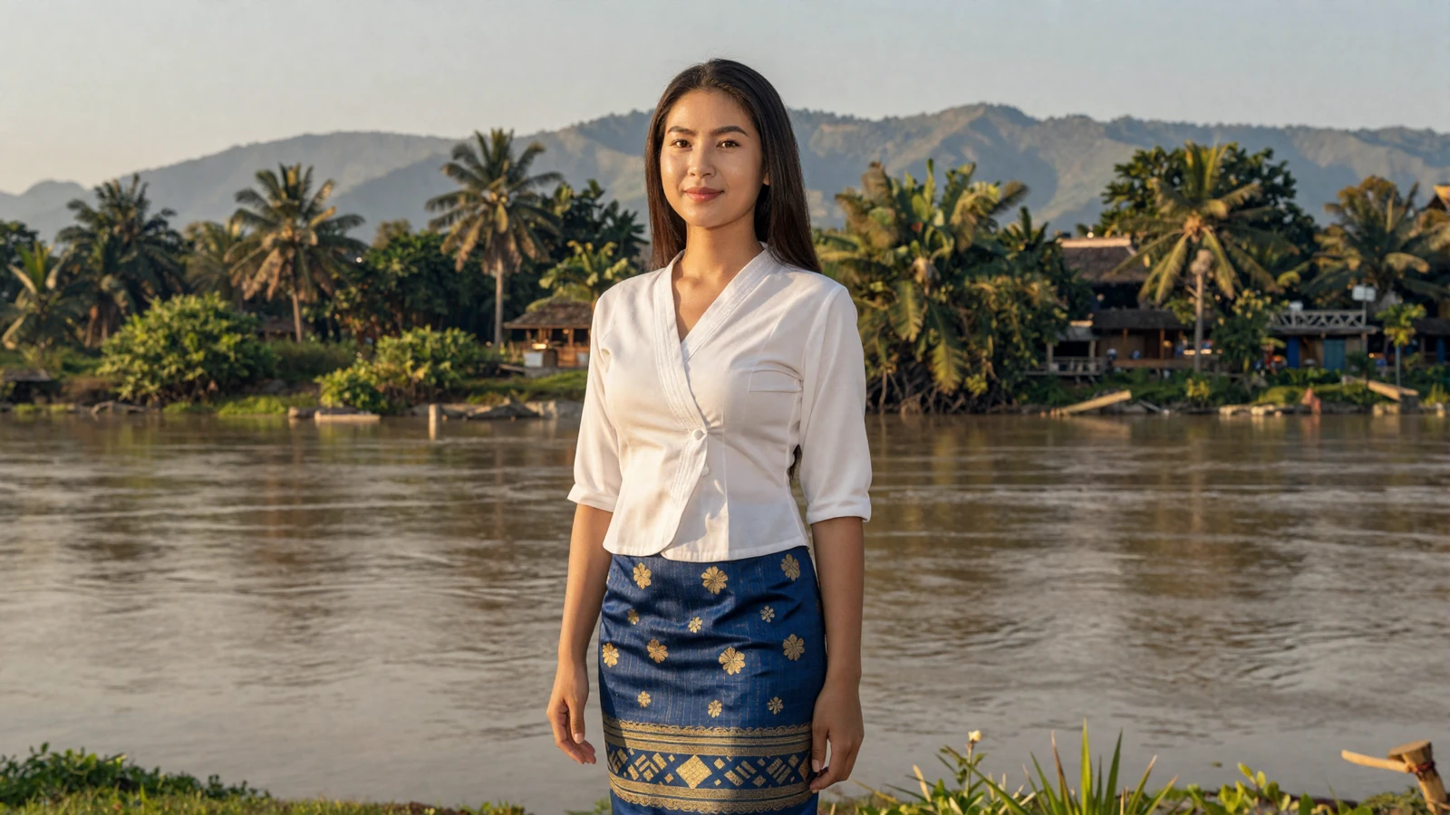Beautiful Laotian woman near the Mekong river at golden hour representing Laotian women dating culture and gentle beauty