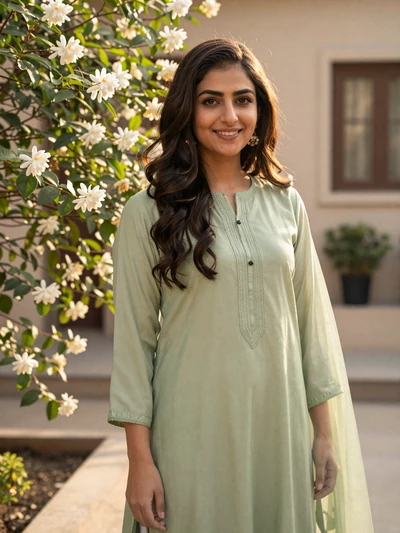 Fatima, 28, Pakistani woman in sage green kameez in a Lahore garden - Pakistani women dating profile