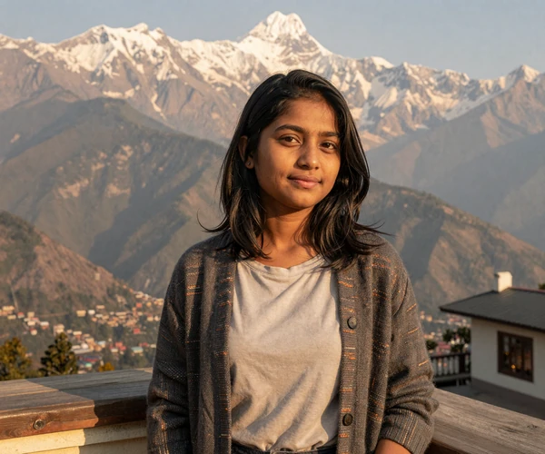 Nepali woman with Himalayan mountains in background representing the resilience and warmth central to Nepali women dating culture