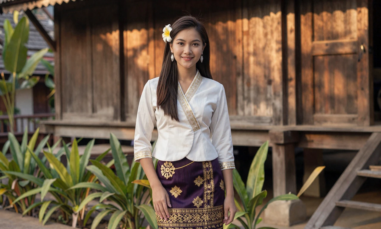 Laotian woman in elegant traditional sinh skirt representing the gentle grace and modesty of Laotian women dating