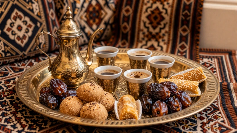 Traditional Yemeni coffee ceremony with brass dallah pot and qishr representing the hospitality customs important in Yemeni women dating