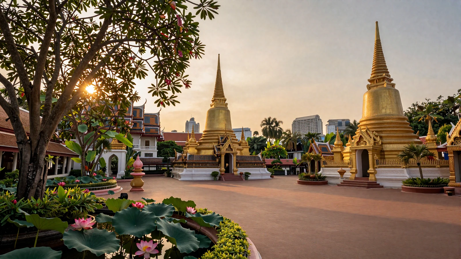 Golden Thai temple courtyard with tropical gardens representing Thai women dating culture and traditions
