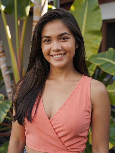 Malaya, 30, Filipino woman in coral top in a tropical garden - Filipino family values dating profile
