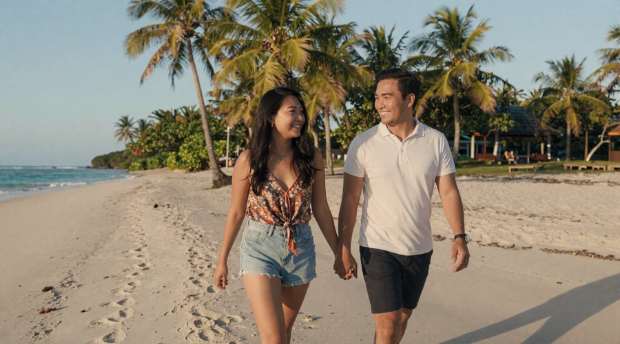 Western man and Asian woman walking on a tropical beach at golden hour - best Asian countries for finding a wife