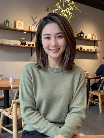 Mei, 29, Chinese woman in green sweater at a Chengdu tea house - Chinese women long-distance dating profile