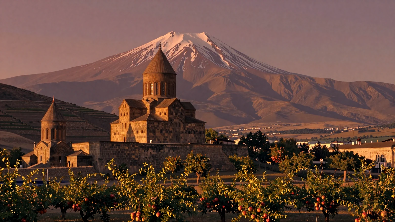 Armenian mountain landscape with Mount Ararat and ancient monastery representing Armenian women dating heritage and culture