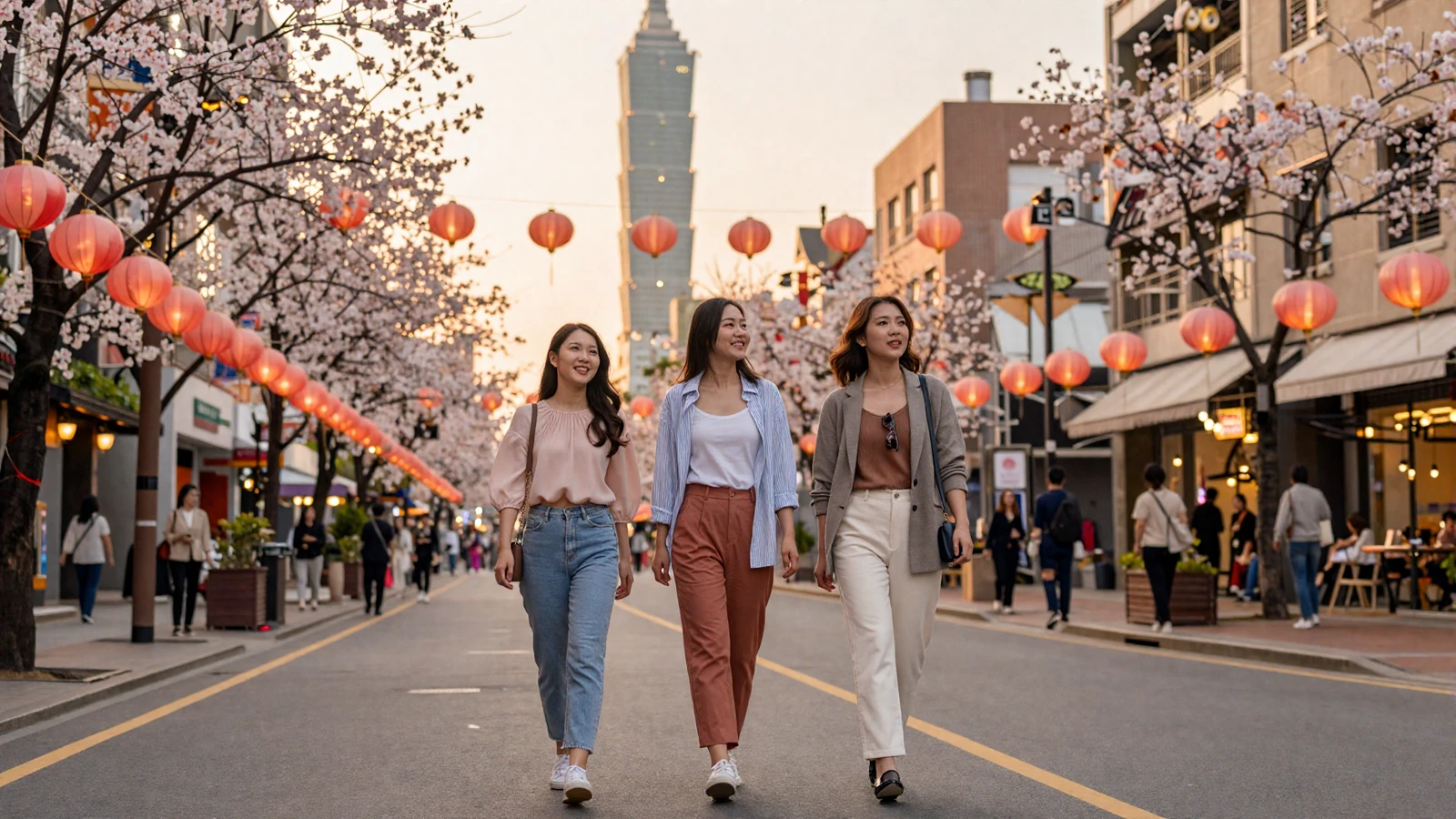 Modern Taipei street scene with lanterns and cherry blossoms representing Taiwanese women dating culture