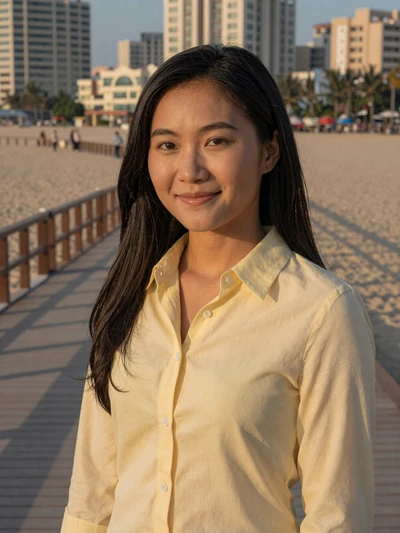 Linh, 28, Vietnamese woman in yellow shirt on Da Nang boardwalk at sunset - Vietnamese LDR dating profile