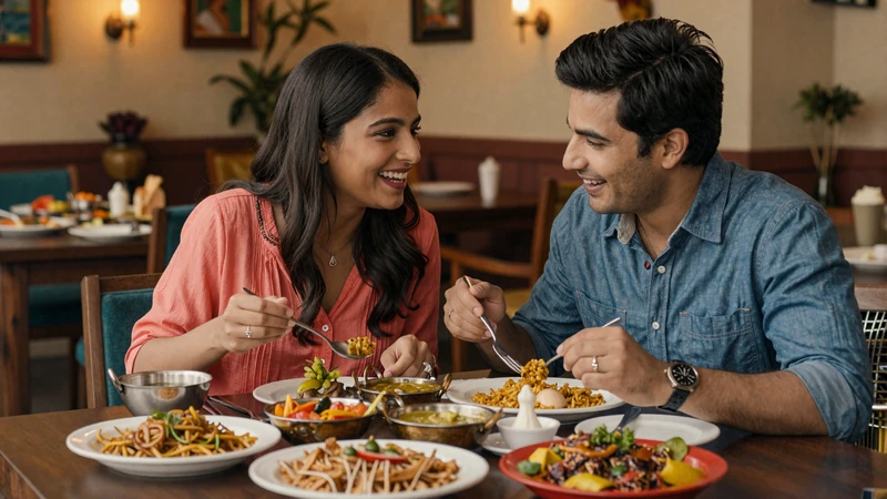 Western man and Indian woman enjoying a traditional Indian meal together representing cross-cultural dating and connection
