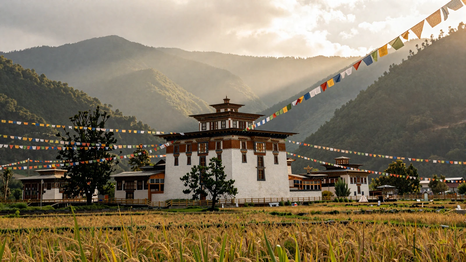 Bhutanese valley with traditional dzong monastery among Himalayan mountains representing Bhutanese women dating culture