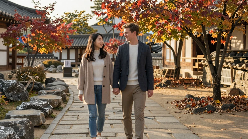 Cross-cultural couple walking together in traditional Korean garden representing successful North Korean women dating relationship