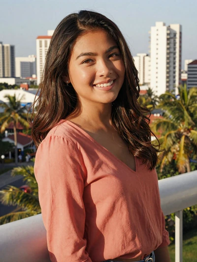 Maria, 25, Filipino woman in coral blouse on a tropical balcony - dating profile
