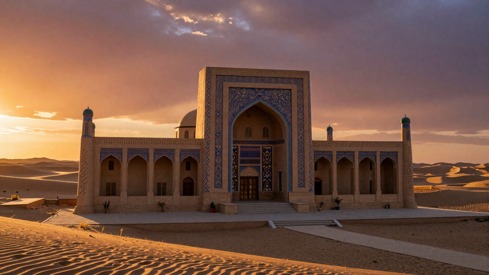 Golden sunset over Central Asian desert landscape with Silk Road architecture representing Turkmen women dating culture