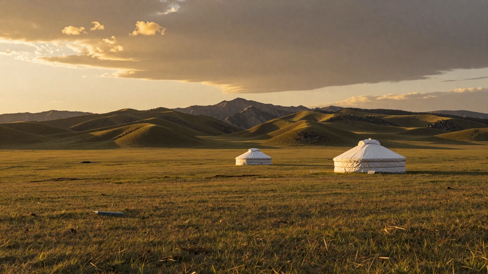 Vast Mongolian steppe landscape with traditional ger under golden sunset representing Mongolian women dating culture