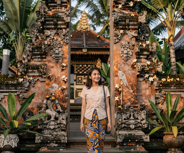 Indonesian woman in casual attire near traditional Javanese temple representing cultural richness and dating values