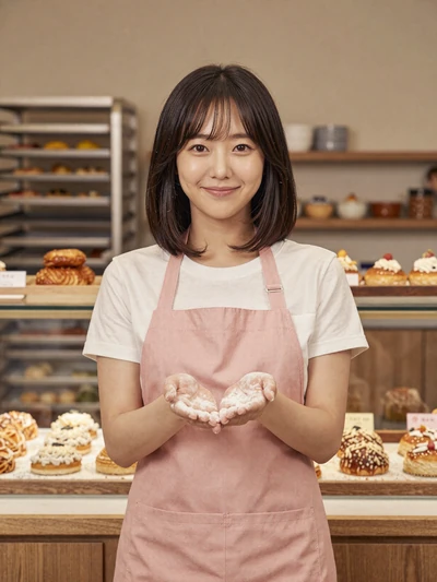 Hana, 31, Korean woman in pink apron at Incheon bakery - Korean family-oriented dating profile
