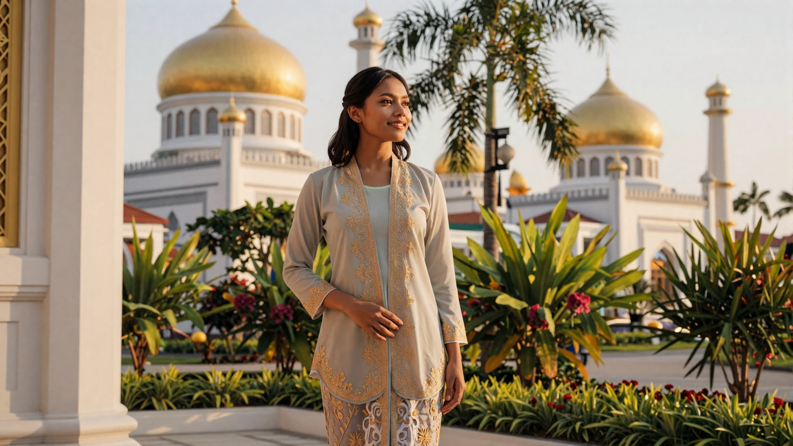 Gracious Bruneian woman in elegant traditional attire near golden Islamic architecture representing Bruneian women dating