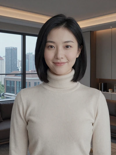 Yue, 32, Chinese woman in cream turtleneck in modern Shanghai apartment - Chinese international dating profile