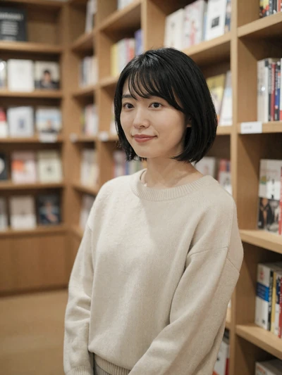 Yui, 33, Japanese woman in cream sweater inside a Yokohama bookstore - Japanese dating profile