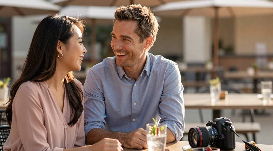 Western man and Asian woman enjoying a first date at an outdoor cafe during golden hour