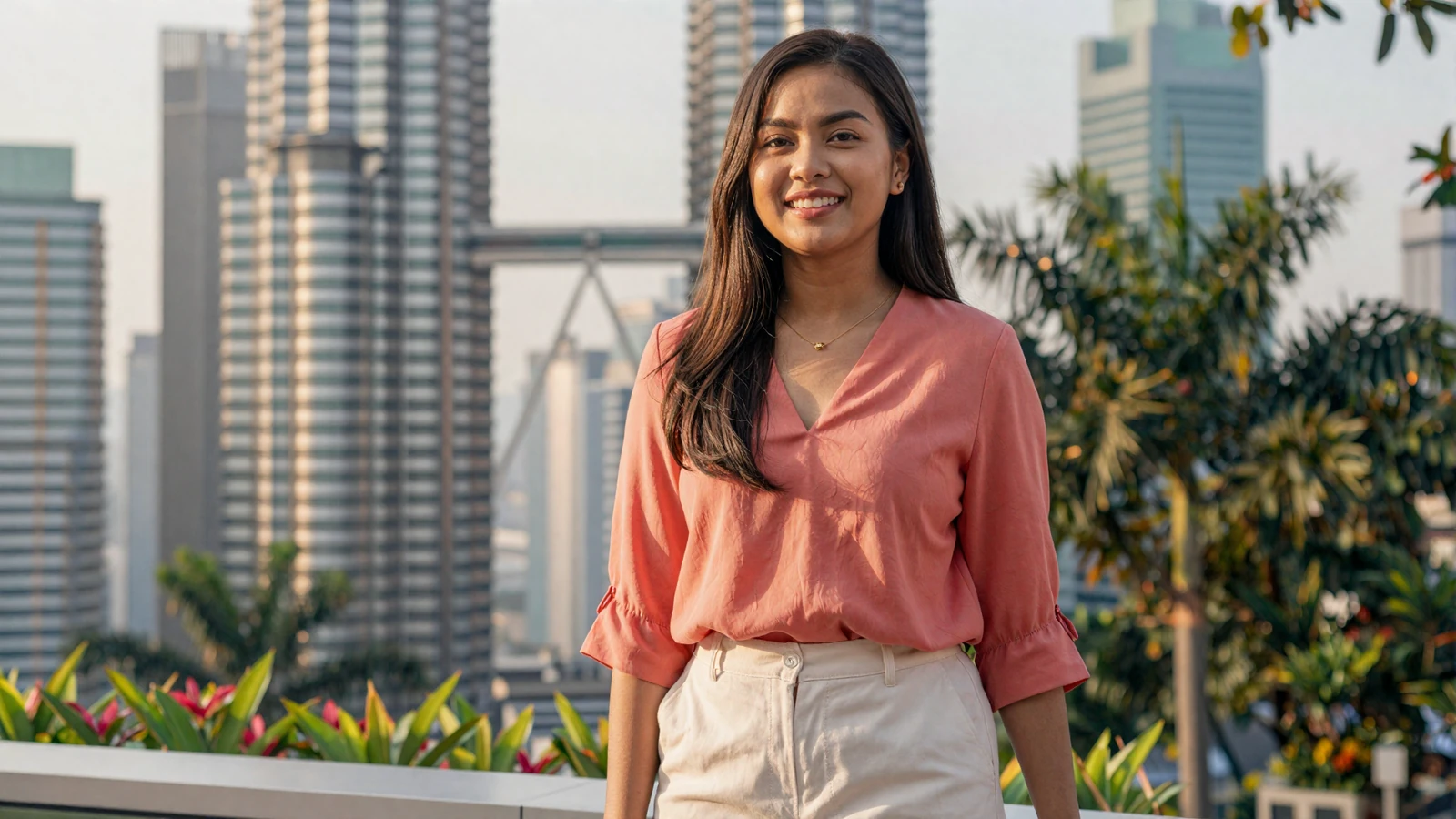 Beautiful Malaysian woman smiling on Kuala Lumpur rooftop at golden hour representing Malaysian women dating