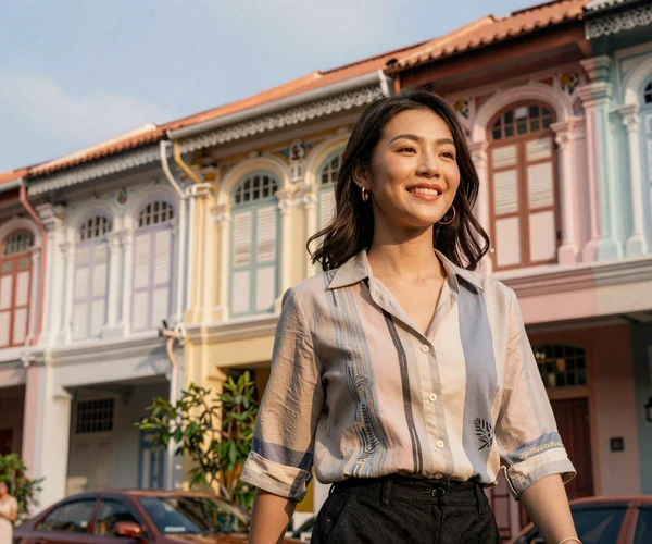 Singaporean woman walking through colorful Peranakan shophouse street representing the multicultural charm of Singaporean women dating