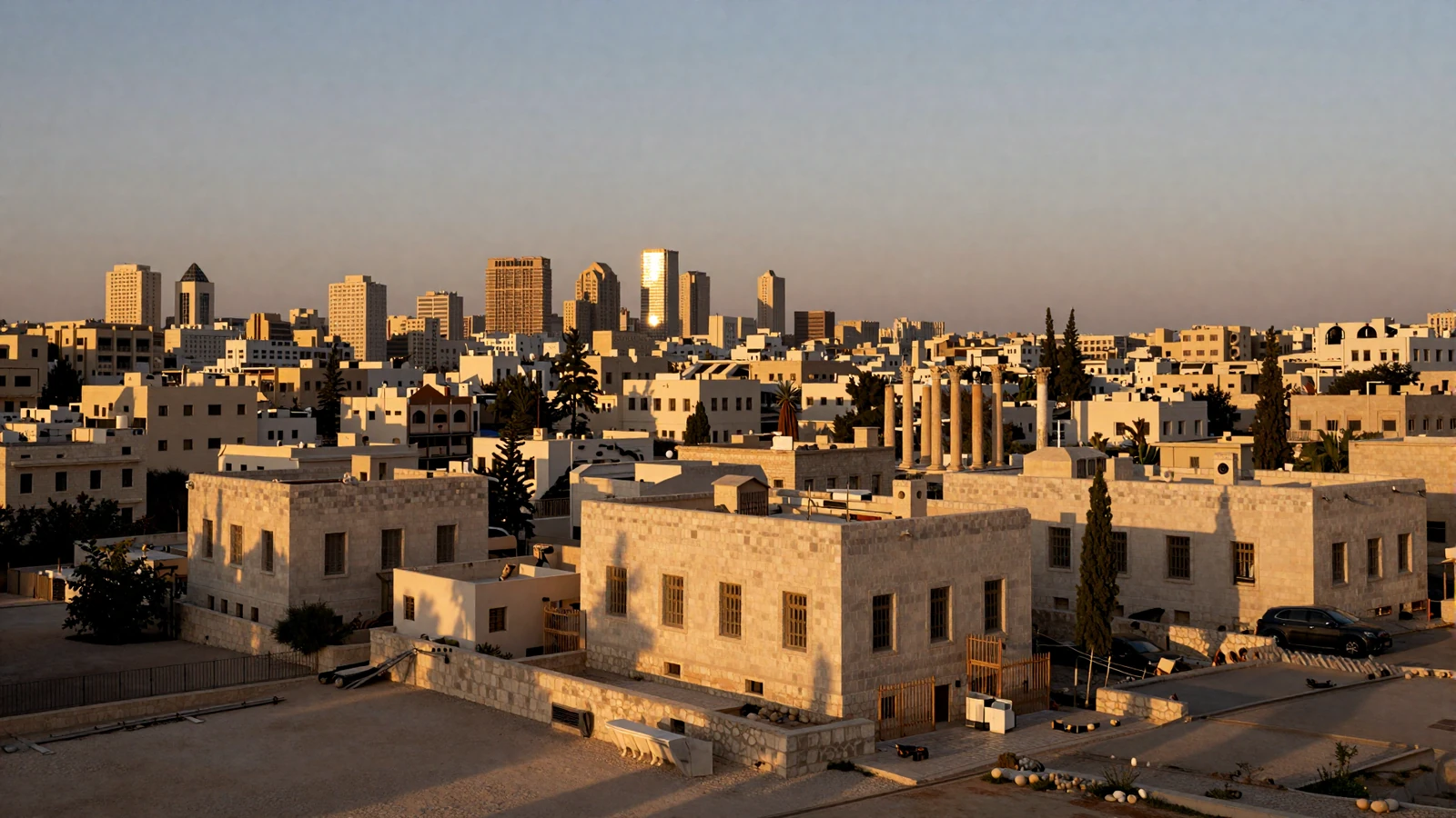 Golden hour view of Amman Jordan skyline with sandstone buildings representing Jordanian women dating culture and heritage