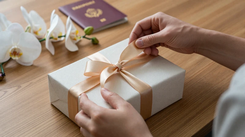 Man preparing culturally appropriate gifts for meeting his Asian girlfriend for the first time - gift wrapping and travel essentials